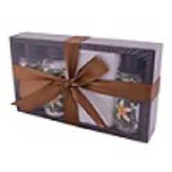 Bath set includes 50ml shower gel, 50ml bubble bath, , 50ml body lotion and facecloth packed in a MDF wooden tray